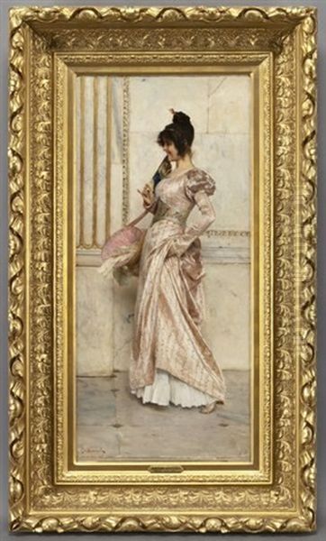 Fashionably Dressed Lady In A Classical Interior Oil Painting by Giovanni Muzzioli