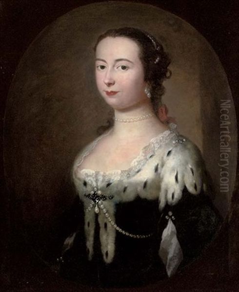 Portrait Of A Lady In An Ermine-trim Dress With Pearls Oil Painting by Herman van der Myn