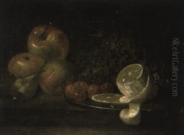 A Peeled Lemon, Cherries And Grapes On A Plate, With Other Fruit On A Table Oil Painting by Herman van der Myn