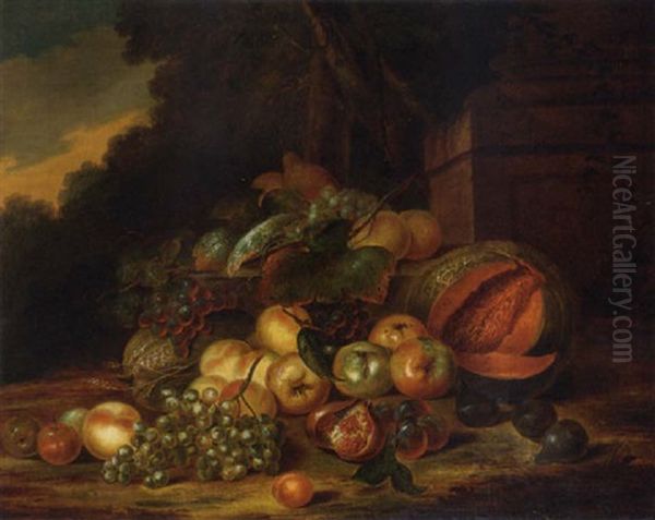 Pears, Apples, Melons, Grapes, Plums, Figs And Pomegranates By A Column In A Garden Oil Painting by Robert Van Der Myn