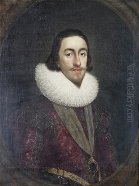 Portrait Of Charles I, Half-length, Wearing The Badge Of The Order Of The Garter, Within A Painted Oval Oil Painting by Daniel Mytens the Elder