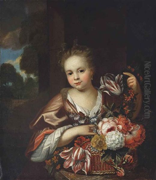 Portrait Of A Young Girl, Half-length, With A Red Dress And Pearl Earrings, With A Basket Of Flowers And A Flower Garland, A Wooded Landscape Beyond Oil Painting by Jan Mytens
