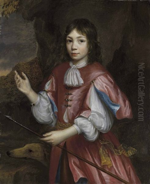 Portrait Of A Boy With A Dog And Spear, Three-quarter-length, A Rocky Landscape Beyond Oil Painting by Martin Ii Mytens