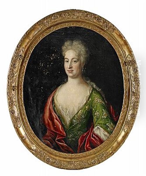 Portratt Av Elisabeth Grill, Fodd Faltz, Ikladd Gron Brokadklanning Med Brodyr Och Rod Drapering Oil Painting by Martin Ii Mytens