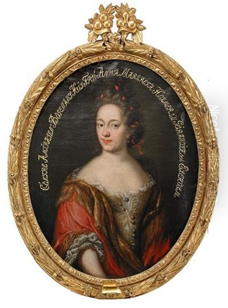 Portratt Av Anna Margareta Holmer Gift Med Konteramiralen Friherre Johan Jakob Bogeman Kladd I Brokadklanning Med Rod Drapering Oil Painting by Martin Ii Mytens