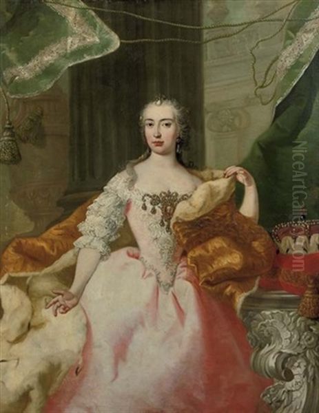 Portrait Of Maria Theresia Von Habsburg In A Pink Dress With A Lace Bodice And Sleeves And An Ermine Robe Oil Painting by Martin Ii Mytens