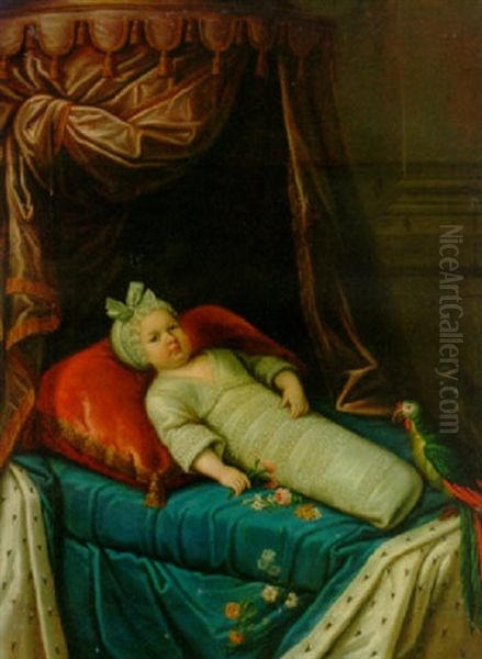 Portrait Of A Child (the Infant De France?) In Swaddling Clothes With A Parrot On A Canopied Bed With An Ermine Lined Cover And A Crimson Cushion Oil Painting by Martin Ii Mytens
