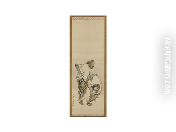 Kanzan Jittoku Oil Painting by Nagasawa Rosetsu