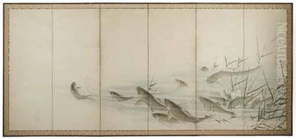 Carp Amidst Reeds Oil Painting by Nagasawa Rosetsu