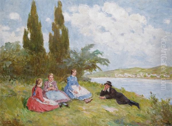 Beszelgetok Oil Painting by Vilmos Nagy