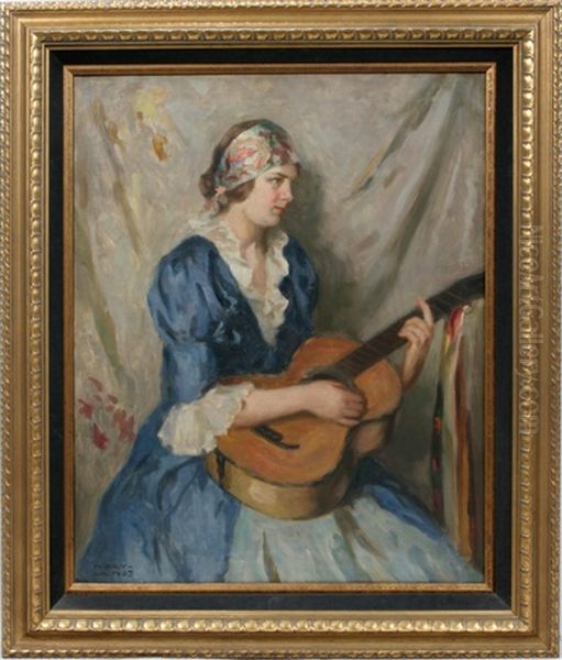 Young Woman With Guitar Oil Painting by Vilmos Nagy