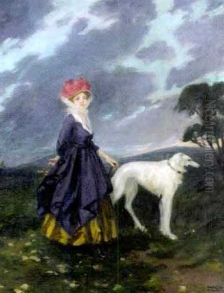 Dame Mit Windhund In Landschaft Oil Painting by Vilmos Nagy