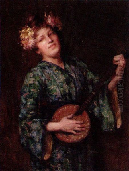 Young Lady In A Geen Kimono Oil Painting by Vilmos Nagy