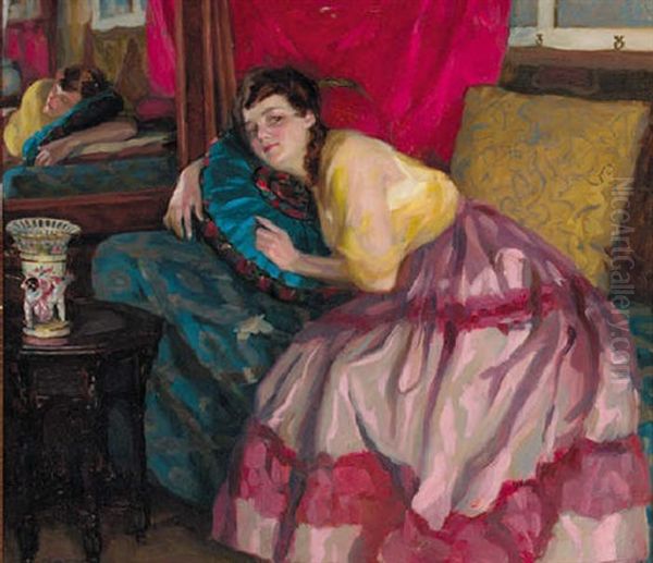 A Lady Reclining In A Mirror Oil Painting by Vilmos Nagy