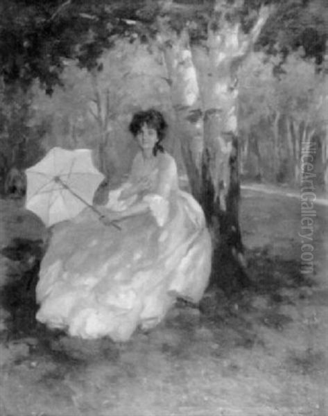 Frau Mit Sonnenschirm Unter Einem Baum Im Park Oil Painting by Vilmos Nagy