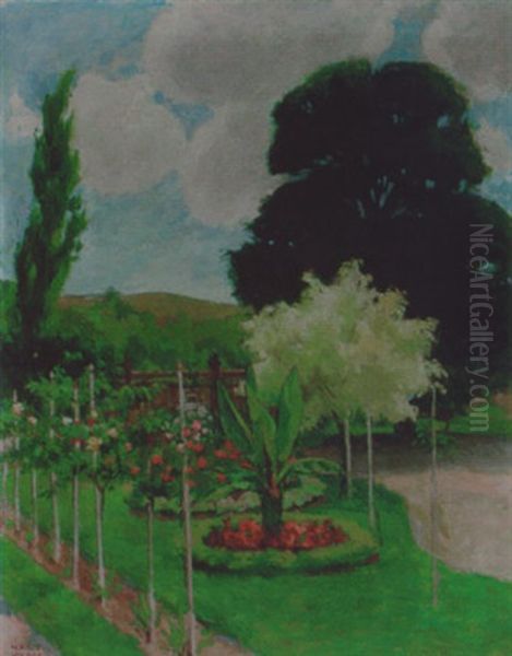A Flower Garden With A Landscape Beyond Oil Painting by Vilmos Nagy