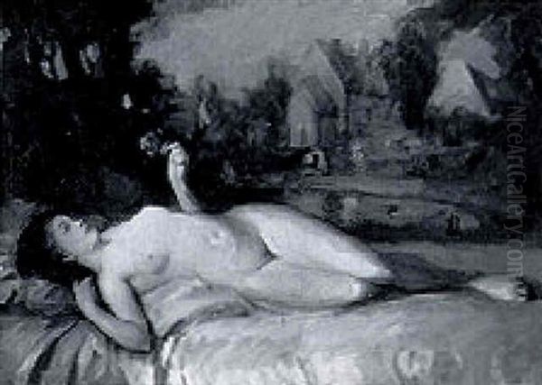 A Reclining Nude In A Landscape Oil Painting by Vilmos Nagy