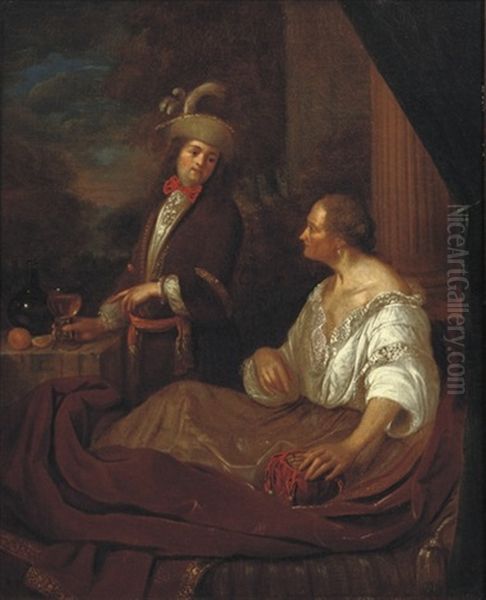 A Gentleman Visiting An Old Lady On A Terrace Oil Painting by Matthys Naiveu