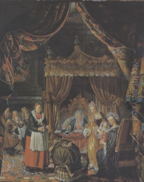 Blick In Das Schlafzimmer Eines Vornehmen Hollandischen Burgerhauses Mit Einer Familie Oil Painting by Matthys Naiveu