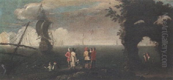 A Coastline With Merchants And Fisherfolk, A Frigate Moored Beyond Oil Painting by Filippo Napoletano