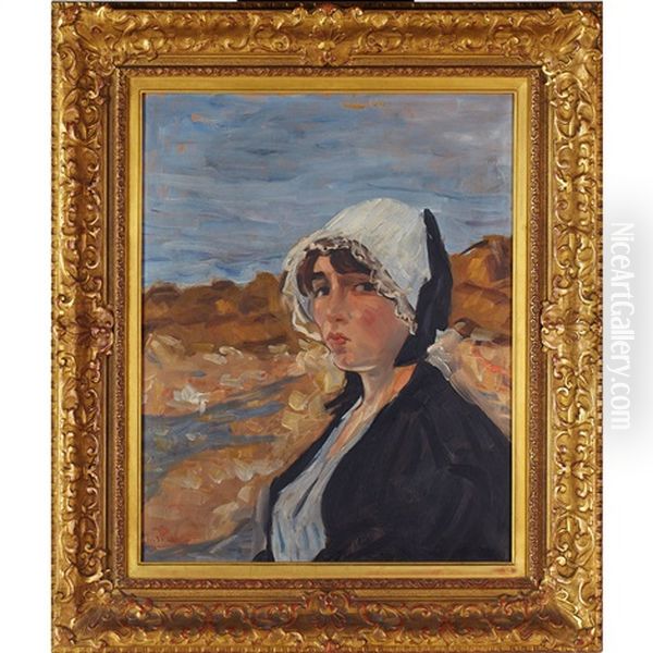Girl In A Bonnet By The Sea Oil Painting by Leonardus Nardus