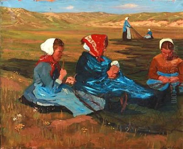 Women Working With Fishing Nets Oil Painting by Leonardus Nardus