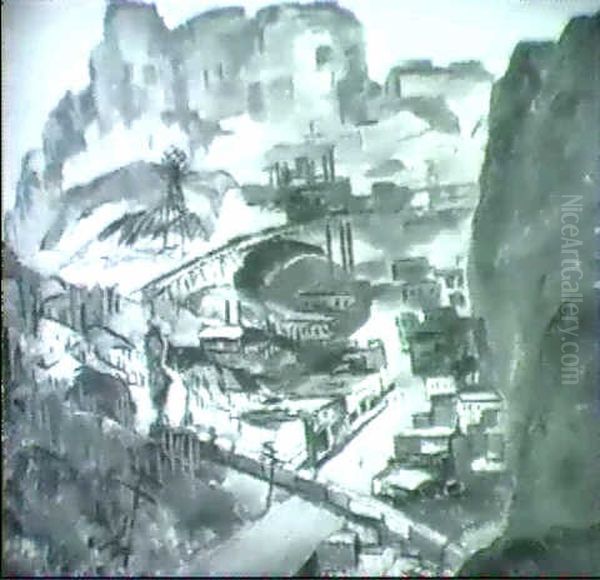 Arizona Mining Town And Train Oil Painting by Willard Nash