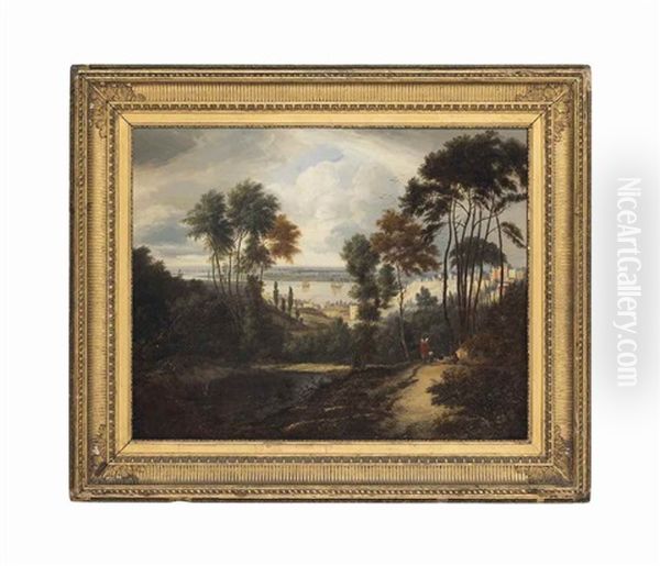 An Extensive Landscape With Houses Overlooking A River, With Figures In The Foreground Oil Painting by Alexander Nasmyth