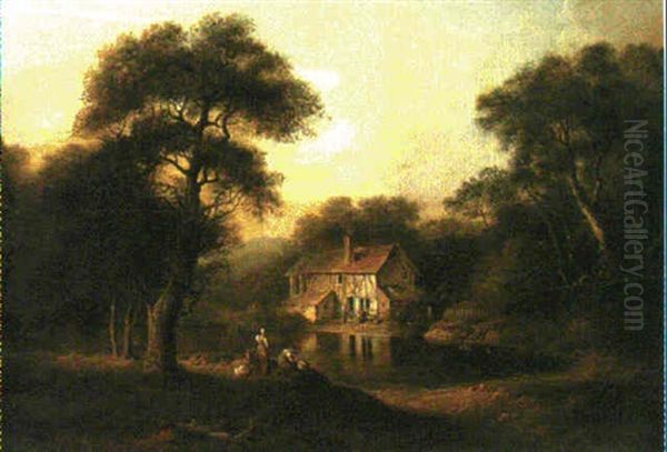 A Wooded Landscape With A Cottage And Figures By A Pool Oil Painting by Alexander Nasmyth