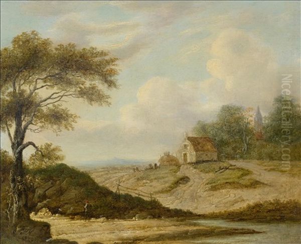 An English Landscape With A Village And Church Oil Painting by Patrick Nasmyth