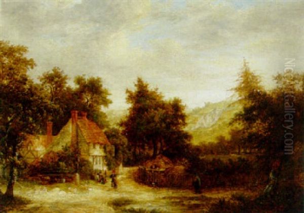 Figures On A Track By A Cottage Oil Painting by Patrick Nasmyth