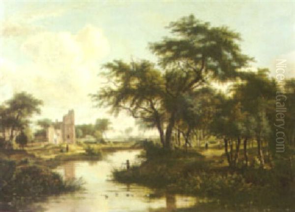 A Landscape With A Boy Fishing And Other Figures On The Banks With A House Beyond Oil Painting by Patrick Nasmyth