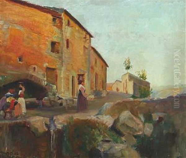 Scenery From Anticoli Corrado With Women Working Oil Painting by Max Nathan