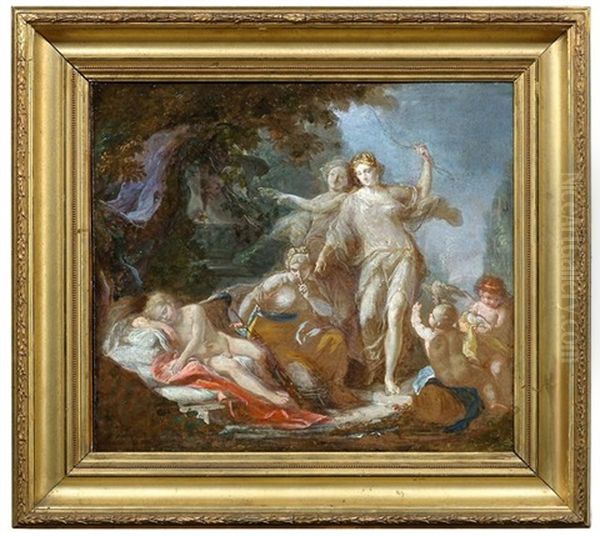 Der Schlafende Amor Wird Von Diana Und Ihren Gefahrtinnen Entwaffnet. Bozzetto Oil Painting by Charles Joseph Natoire