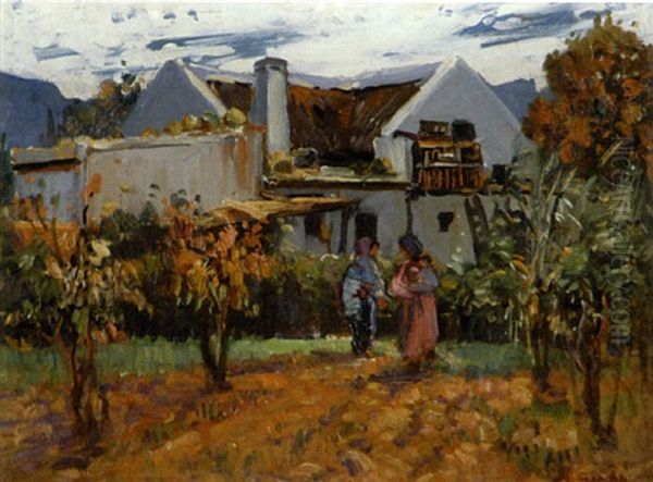 Cape Homestead With Figures In The Foreground Oil Painting by Pieter Hugo Naude