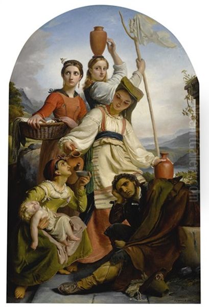 Jeunes Filles A La Fontaine Donnant A Boire A Des Voyageurs, Costumes Des Environs De Fundi Oil Painting by Francois-Joseph Navez