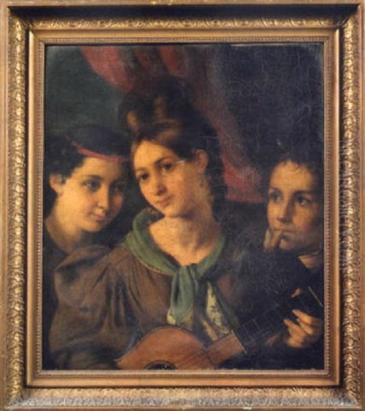 Junge Italienische Gitarrenspielerin In Begleitung Zweier Knaben Oil Painting by Francois-Joseph Navez