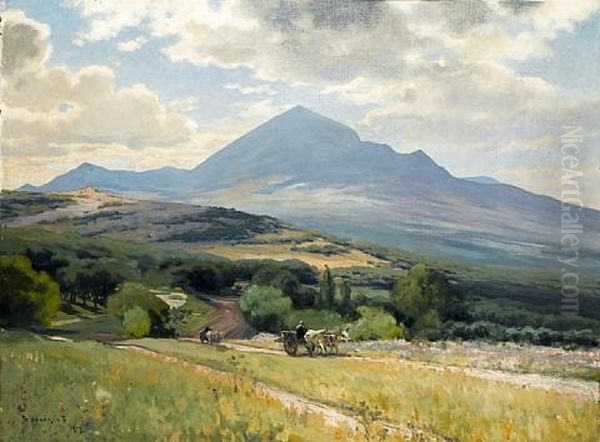 Oxen Pulling Carts Through A Crimean Landscape Oil Painting by Vassily Ivanovich Navozov