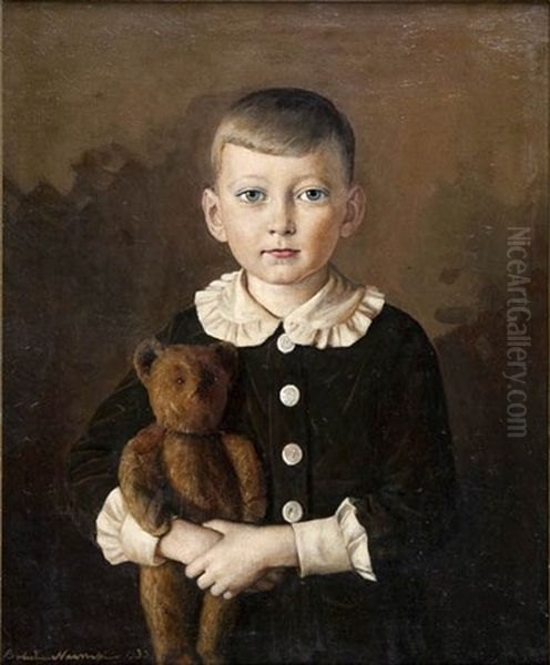 Chlopiec Z Misiem Oil Painting by Boleslaw Nawrocki