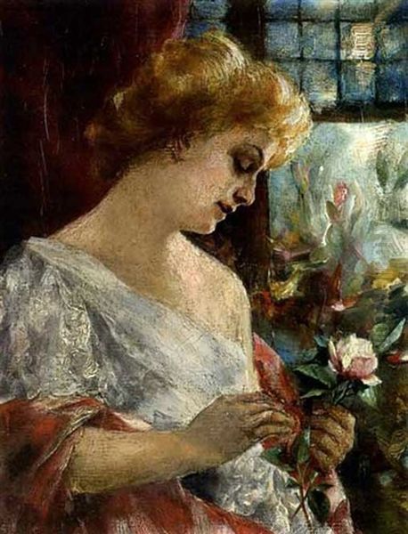 Junge Frau Mit Rosenbluten Oil Painting by David Dalhoff Neal