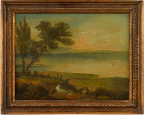 River Landscape With Reader, Dog And Child Oil Painting by William Russell Birch