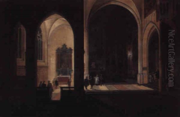 The Interior Of A Church At Night Looking East, With A Service Commencing Oil Painting by Peeter Neeffs the Elder