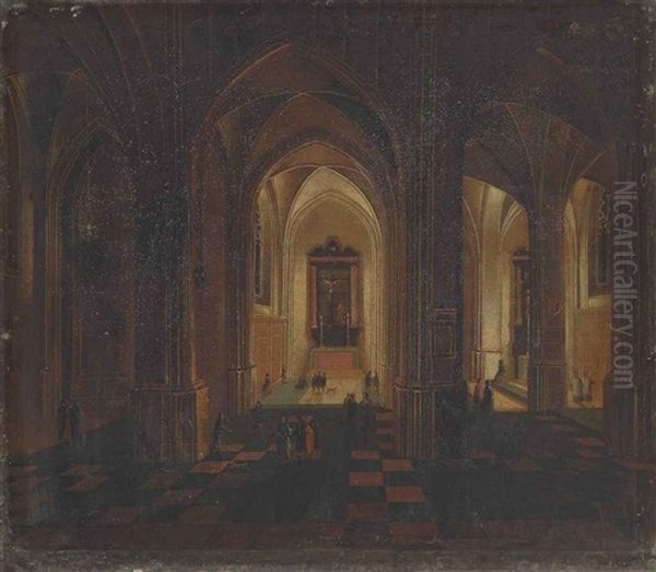 An Interior Of A Gothic Church With Elegant Figures Conversing Oil Painting by Peeter Neeffs the Younger