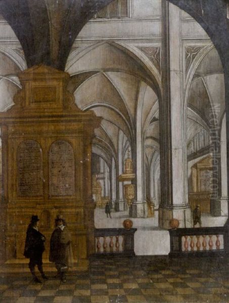 The Interior Of A Gothic Church With Two Gentlemen Conversing In The Foreground Oil Painting by Peeter Neeffs the Younger