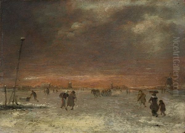 Winter Landscape With A Frozen Channel, Covered In Snow Oil Painting by Aert van der Neer