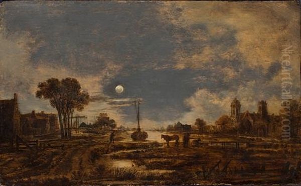 River Landscape By Moonlight, Baroque Church To The Right Oil Painting by Aert van der Neer