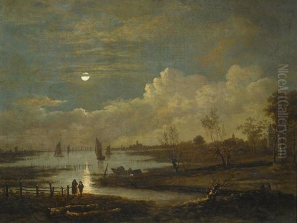 Weite Flusslandschaft Im Mondschein Oil Painting by Aert van der Neer