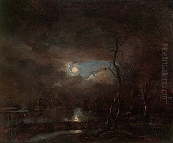 A Moonlit River Landscape, A Village Beyond Oil Painting by Aert van der Neer