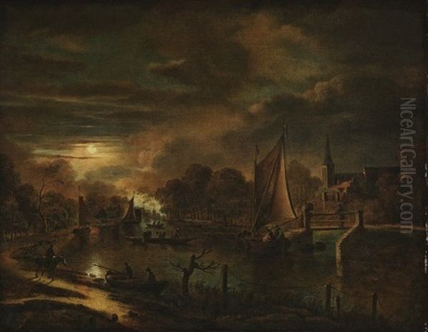 Flusslandschaft Bei Mondschein. Mit Geschaftigem Treiben Und Kirche Im Mittelgrund Rechts Oil Painting by Aert van der Neer