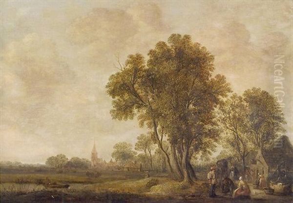 Paysage De Campagne, En Ete, Avec Des Voyageurs Et Une Servante Pres D'un Puits Oil Painting by Aert van der Neer